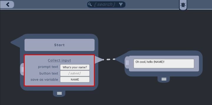 A Start node with a Collect input entry, saved as NAME, connected to a node that says hello NAME.