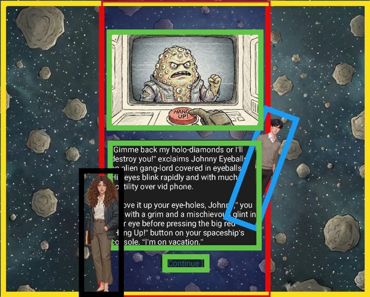 A reader screen outlined in yellow, red, blue, green, and black, showing an asteroid field, a backdrop, a man behind the text, inline prose, and a woman in front.